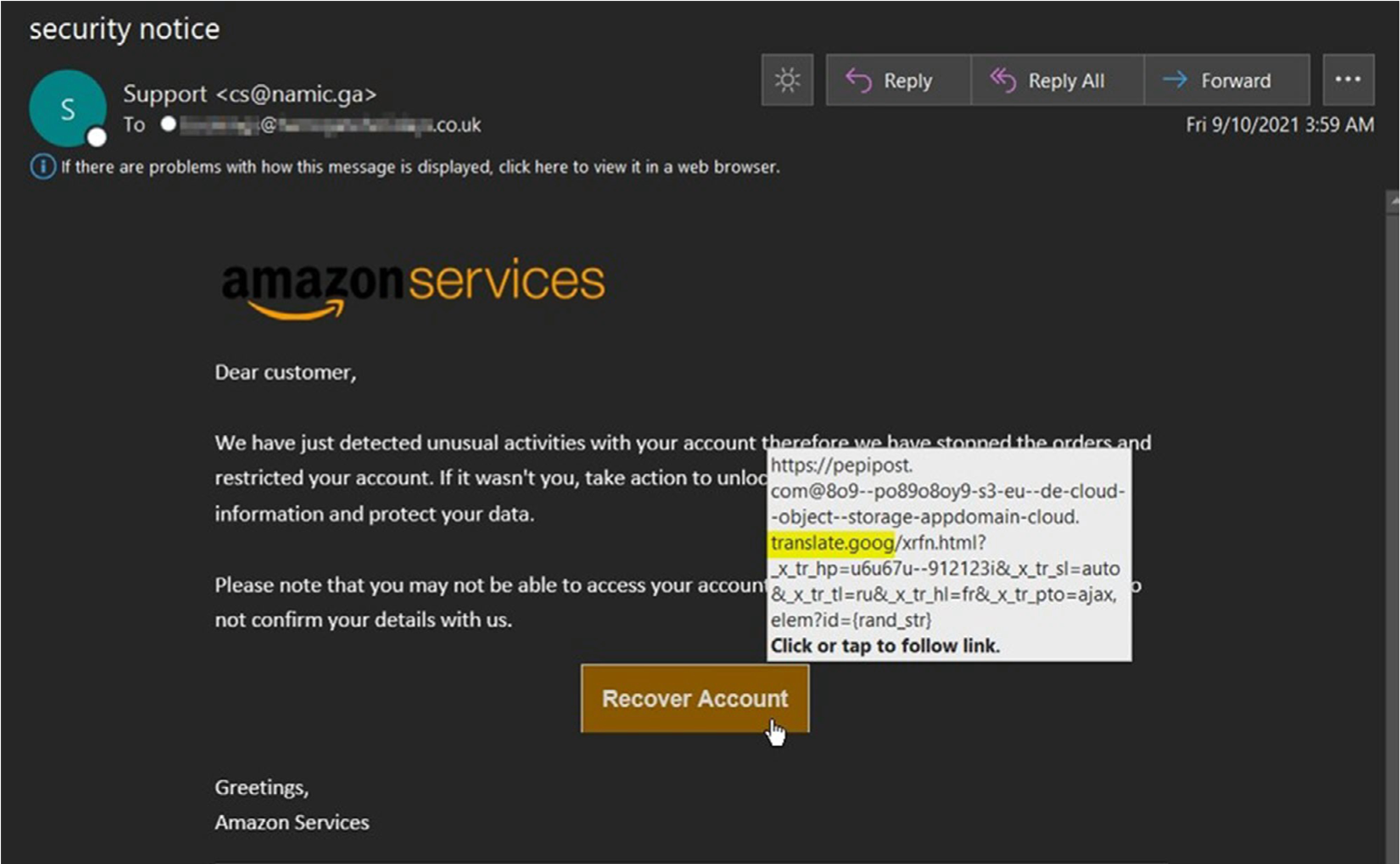 Amazon services phishing email